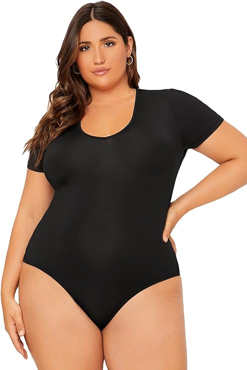 SOLY HUX Womens Plus Size Bodysuit Scoop Neck Short Sleeve T Shirts Skinny One Piece Bodysuit